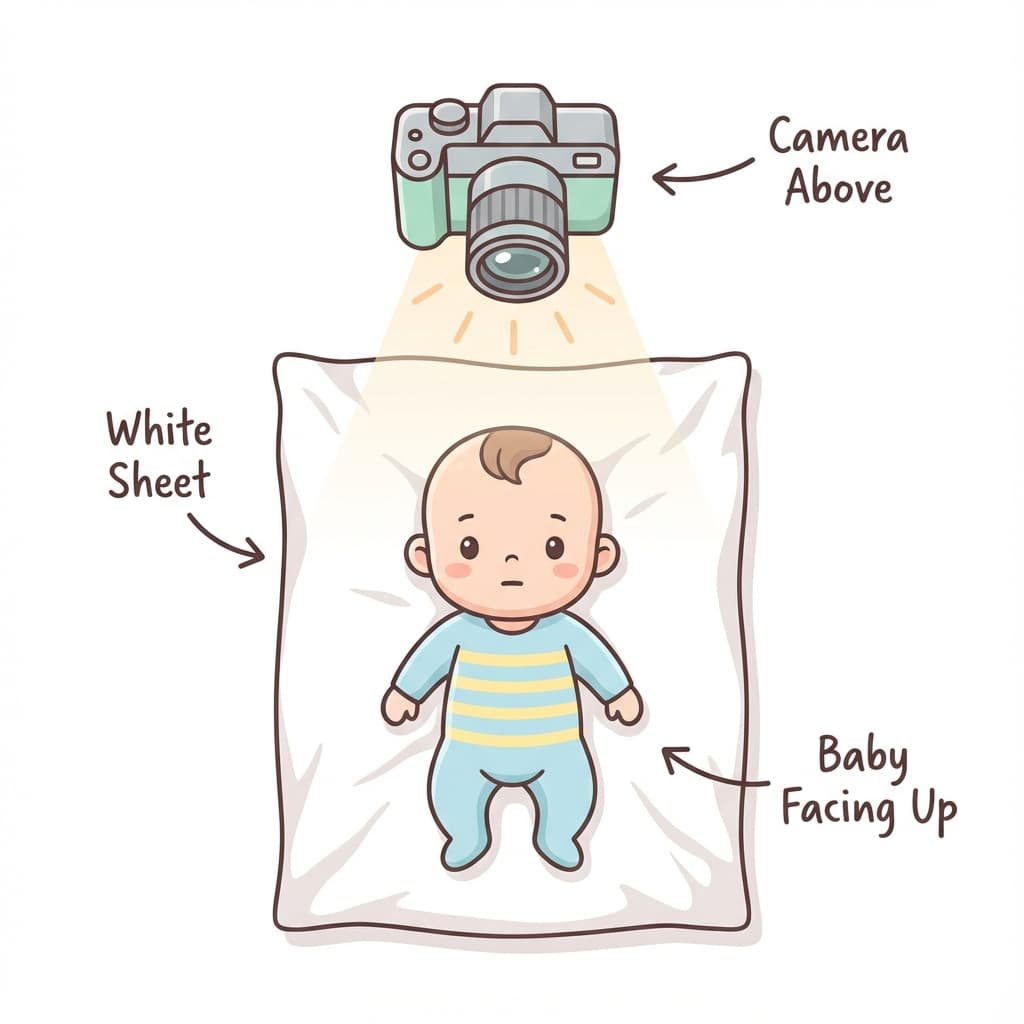 How to take passport photo of baby - baby lying on white sheet with camera above