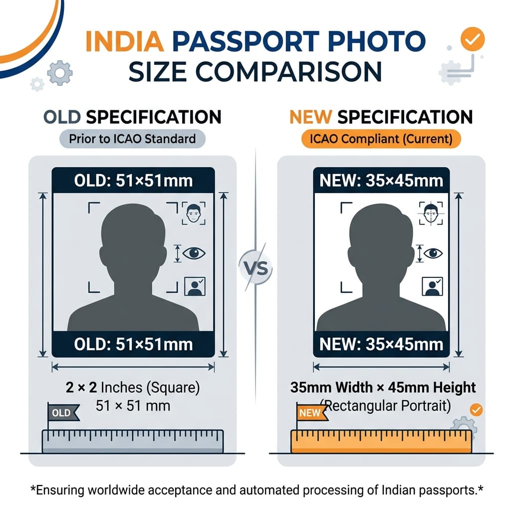 Old vs new Indian passport photo size comparison — 2x2 inch square vs 35x45mm portrait