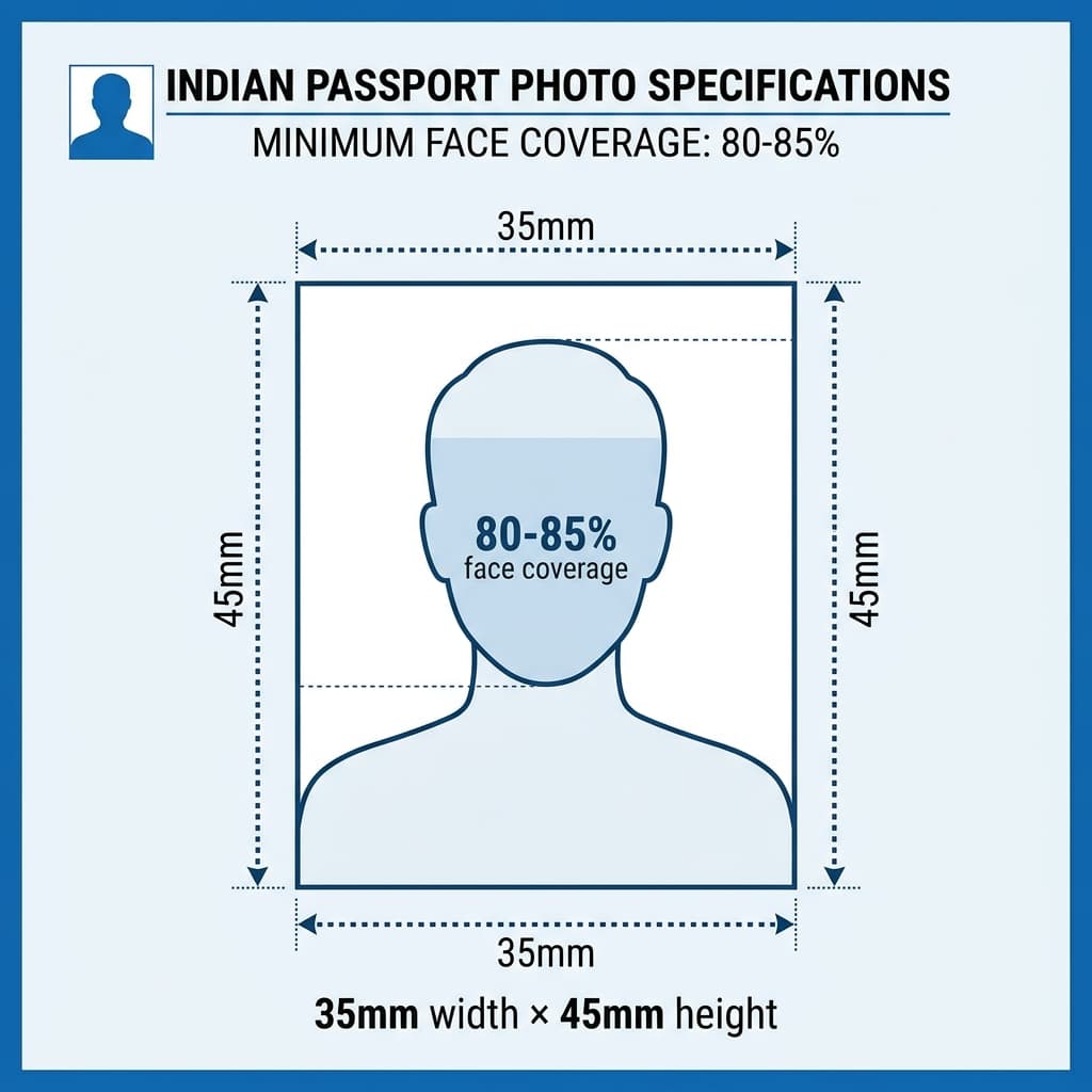 India passport photo dimensions diagram showing 35mm x 45mm with face coverage guidelines