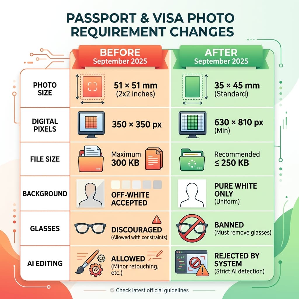 Comparison of old vs new Indian passport photo rules before and after September 2025