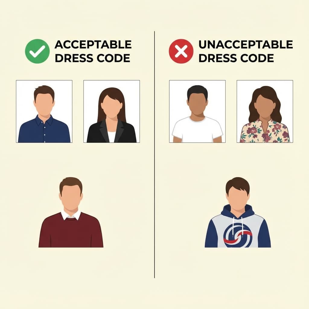 Comparison of good and bad clothing colors for passport photos showing contrast with white background