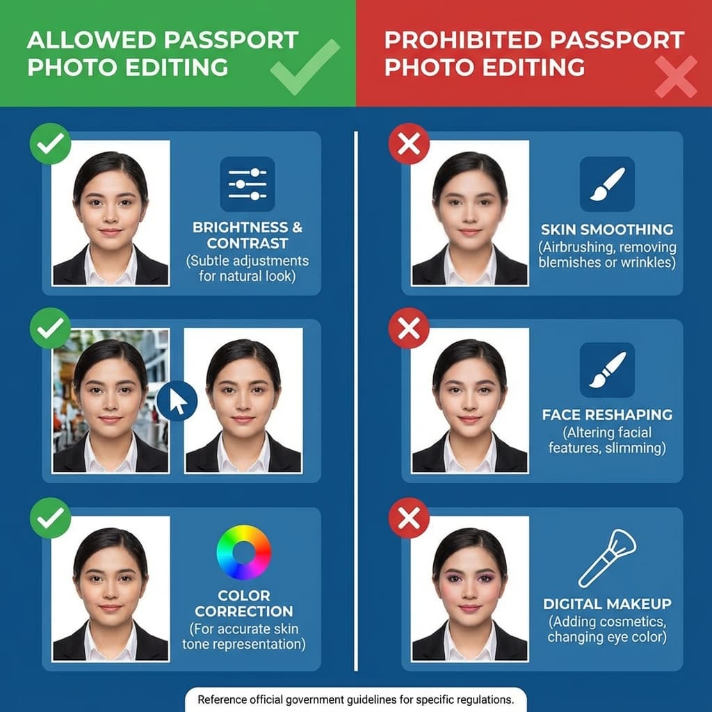 Examples of allowed vs prohibited passport photo edits showing brightness adjustment vs beauty filter