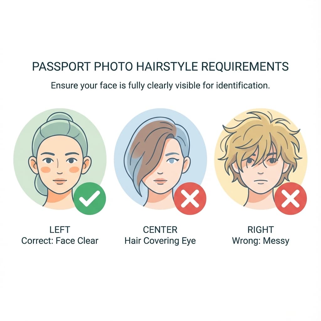 Comparison of correct vs incorrect hairstyles for passport photos showing face visibility requirements