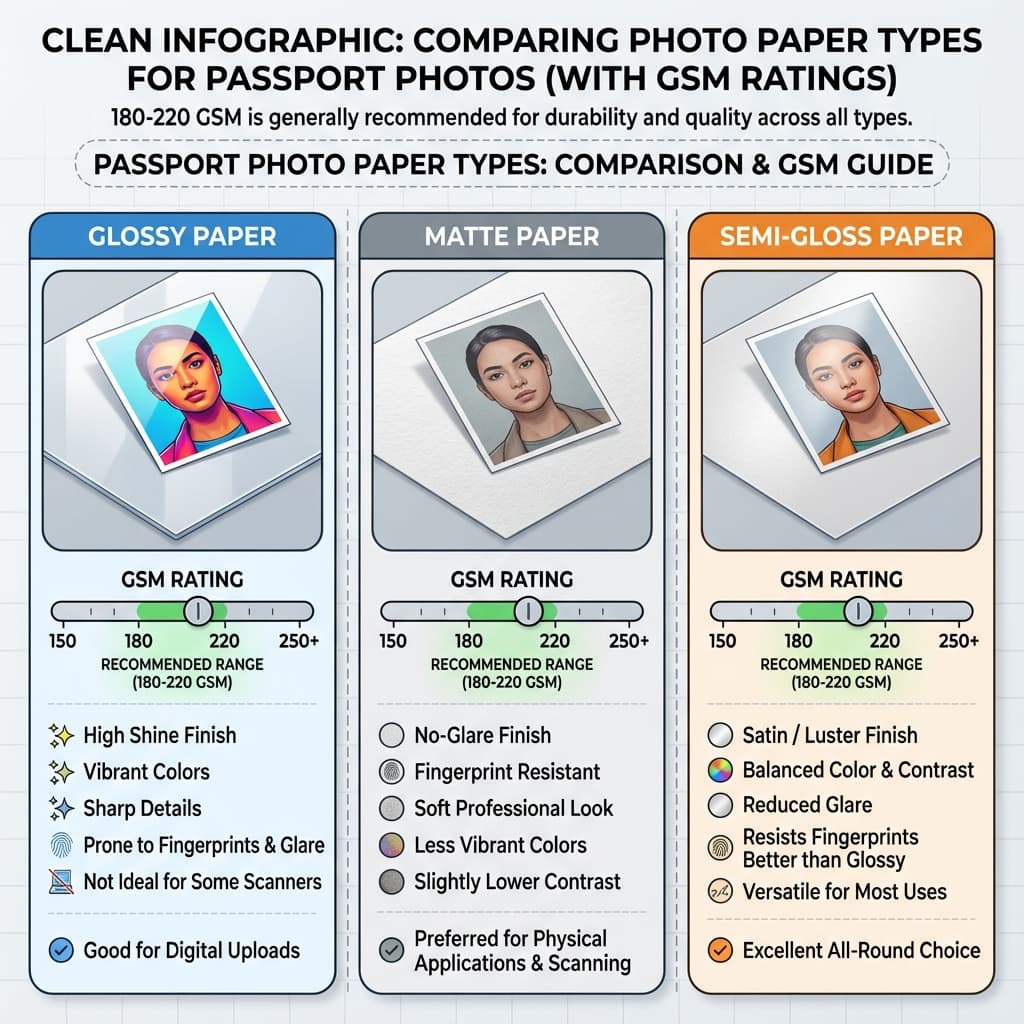 Comparison of different photo paper types for passport photos showing glossy, matte, and semi-gloss finishes