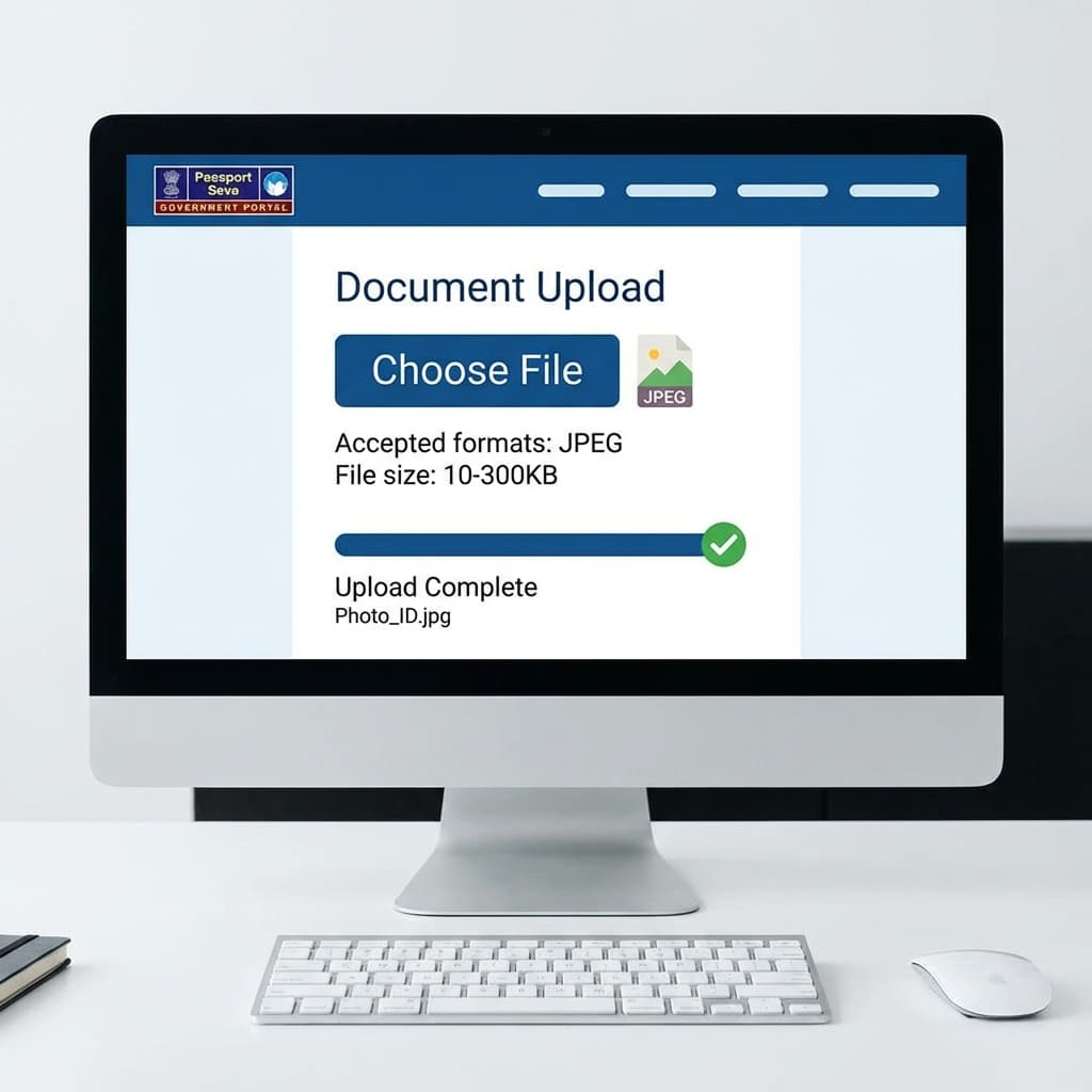 Passport Seva photo upload guide - JPEG format, 10-300KB file size, square dimensions