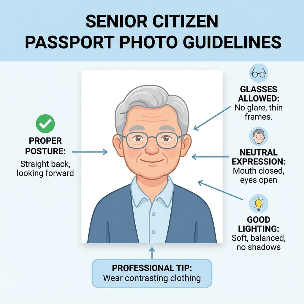 Senior citizen passport photo example showing correct positioning and requirements