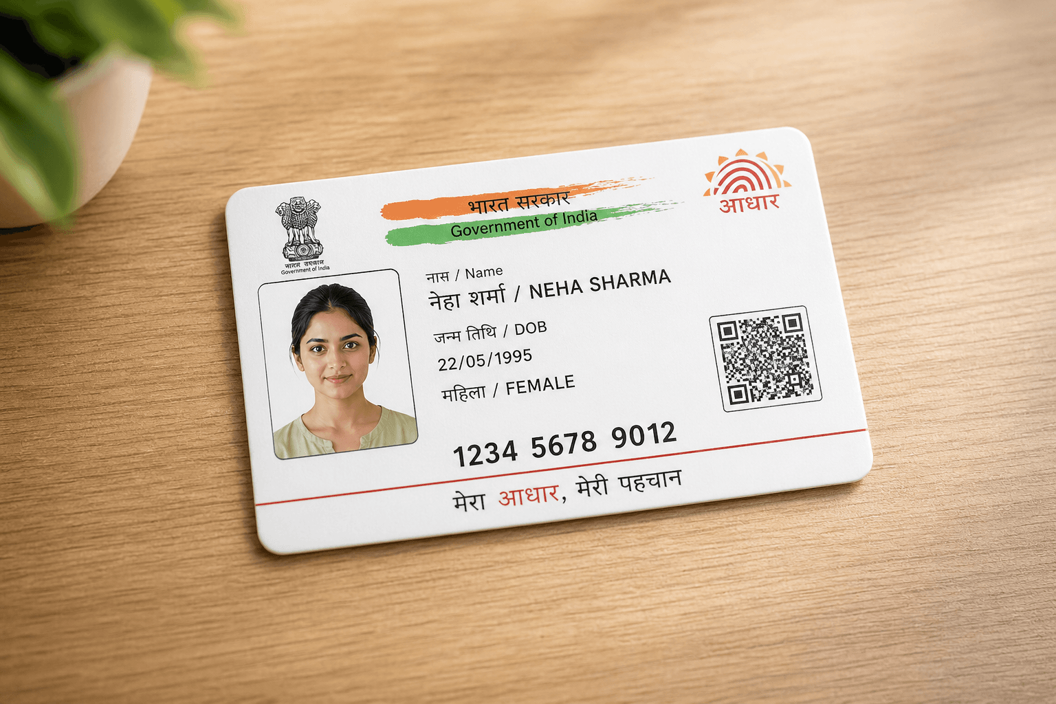 Aadhaar photo card preview showing an Aadhaar-style identity card on a desk
