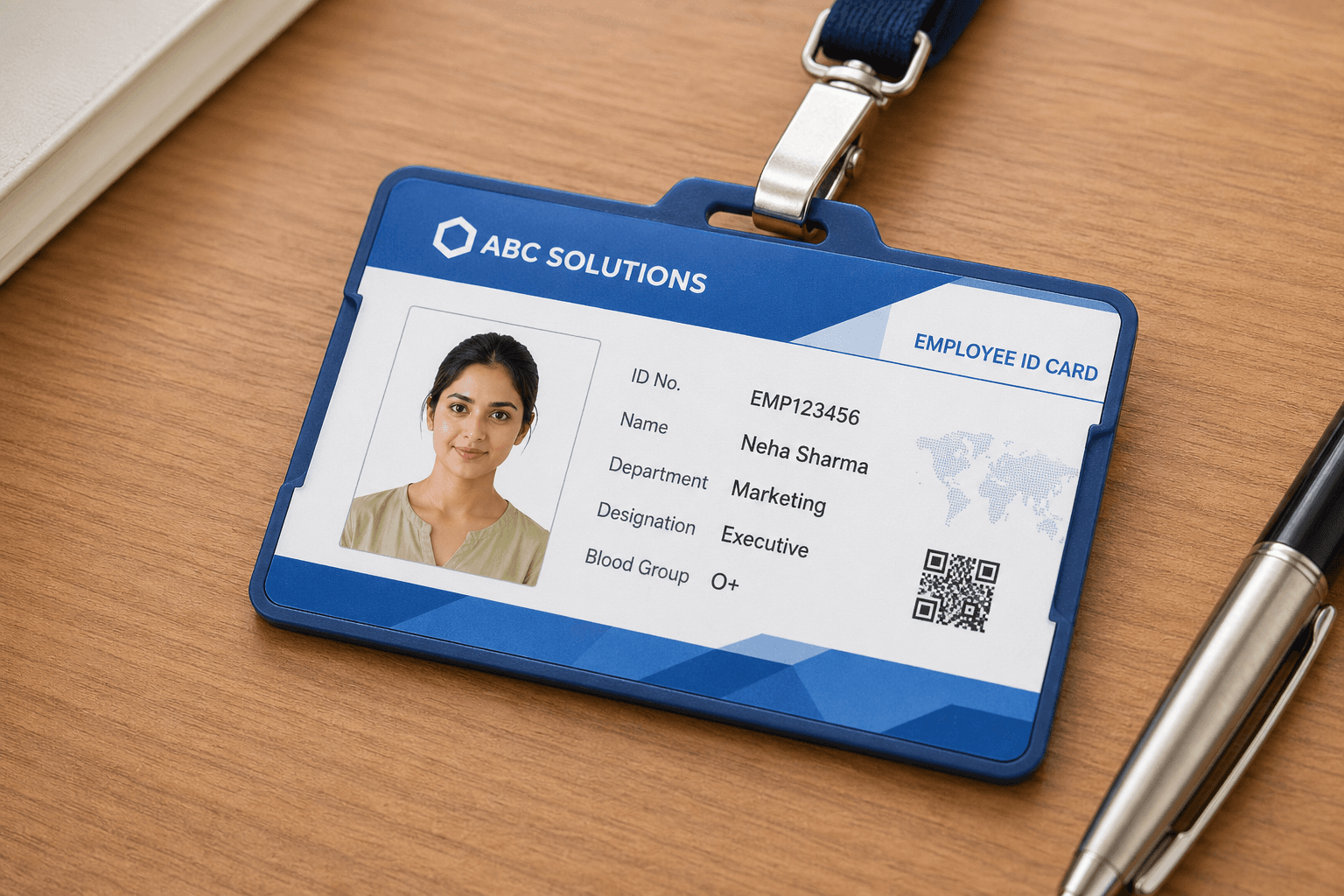 Other ID photos card preview showing a blue employee ID badge on a desk