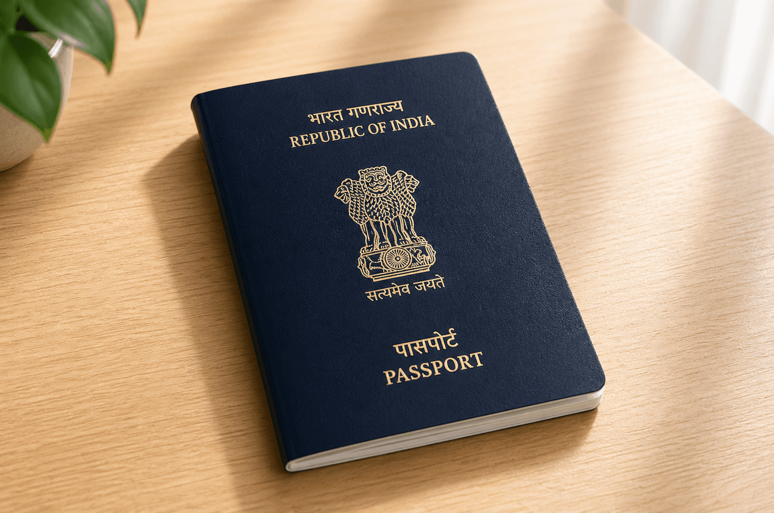 Passport photo card preview showing an Indian passport booklet on a desk