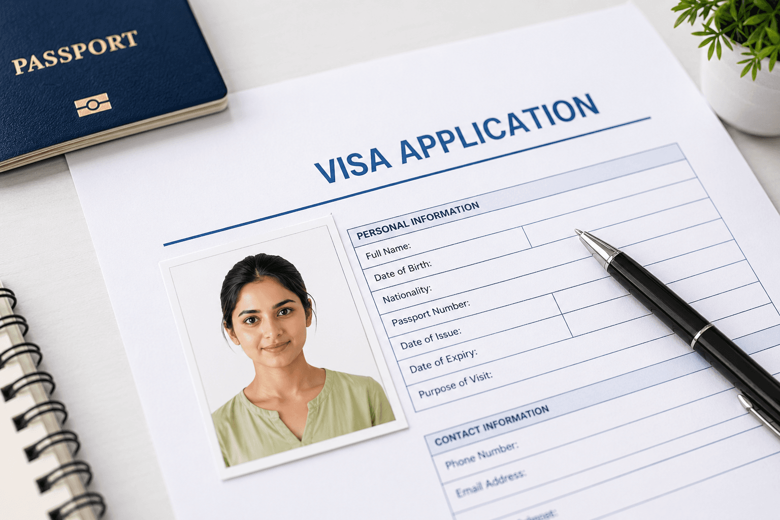 Visa photo card preview showing a visa application form with attached passport photo