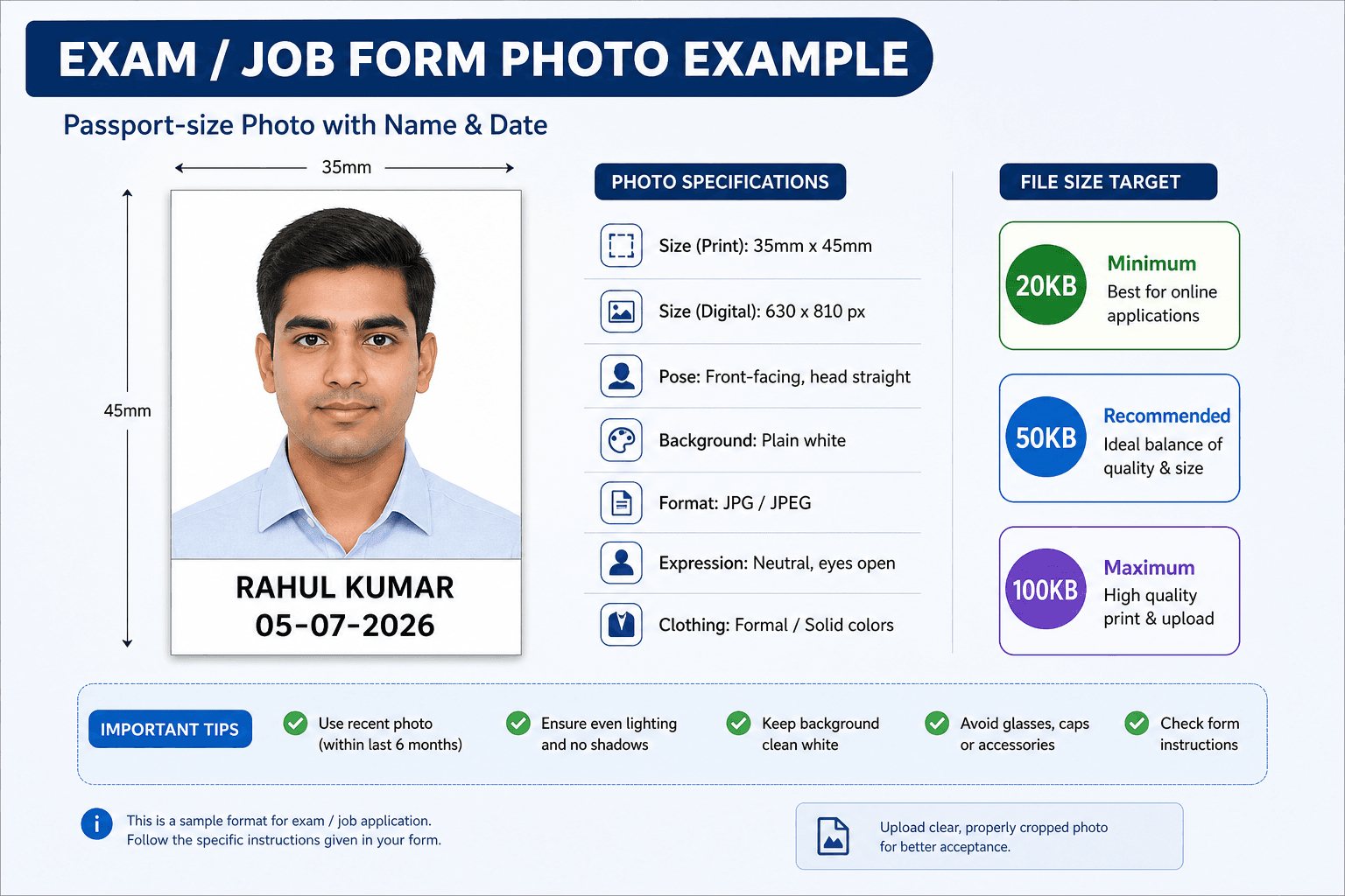 Exam form photo with candidate name and date format example