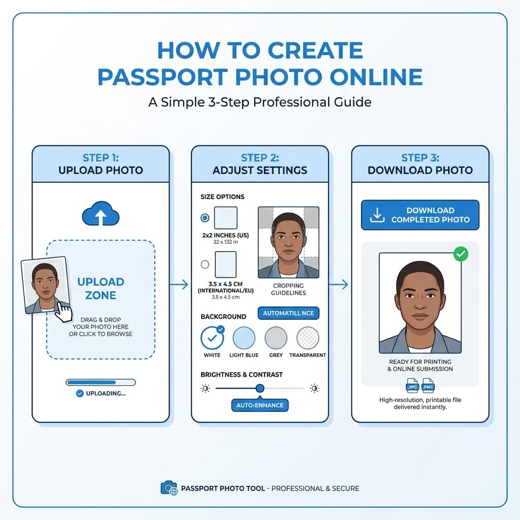 How to create passport size photo online - 3 easy steps: upload photo, select size and settings, download passport photo