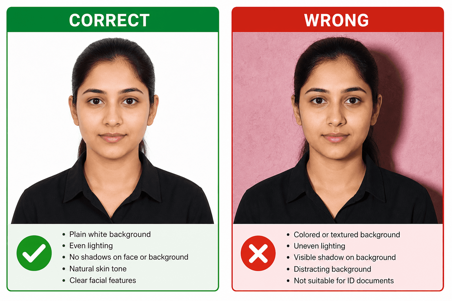 Correct white passport photo background compared with wrong colored background