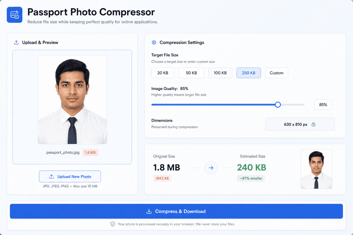Passport Photo Compressor - Reduce Photo Under 250KB