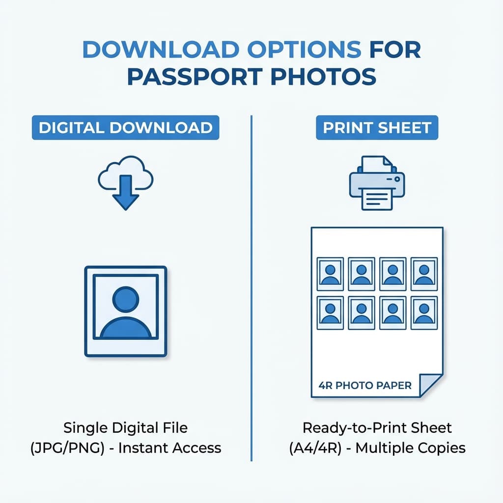 Passport photo download options - single digital photo or print sheet with multiple photos for printing
