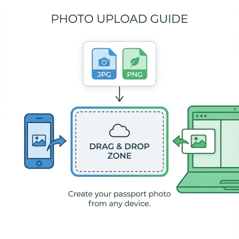 Passport photo upload guide - drag and drop or click to upload JPG, PNG photos from mobile or computer