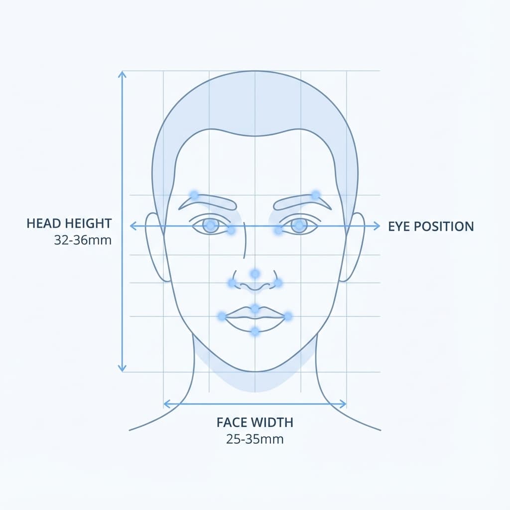 Biometric passport photo specifications showing face measurements and positioning