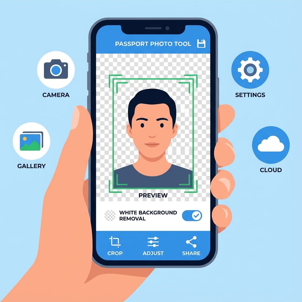 Comparison of passport photo apps showing different interfaces and features