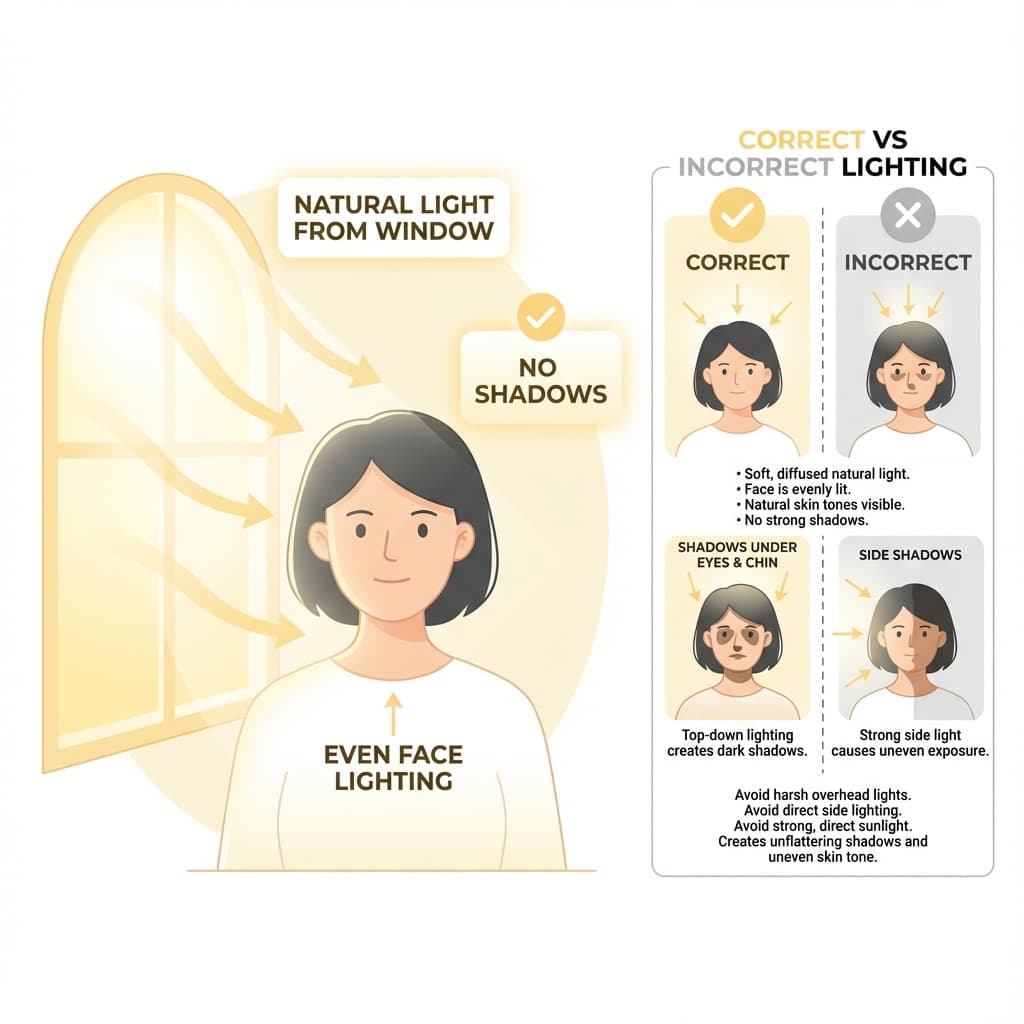 Ideal lighting setup for passport photos showing person facing window with even lighting