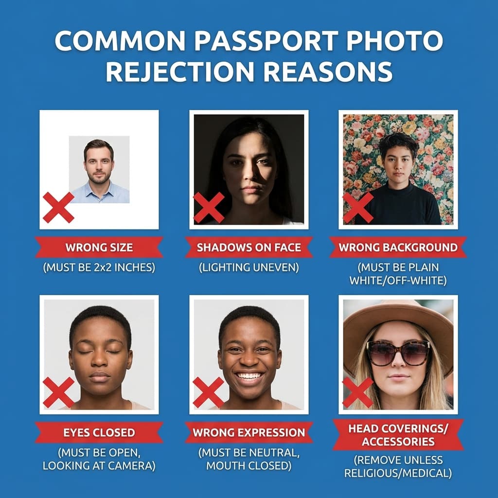 Common passport photo rejection examples showing incorrect photos and their issues