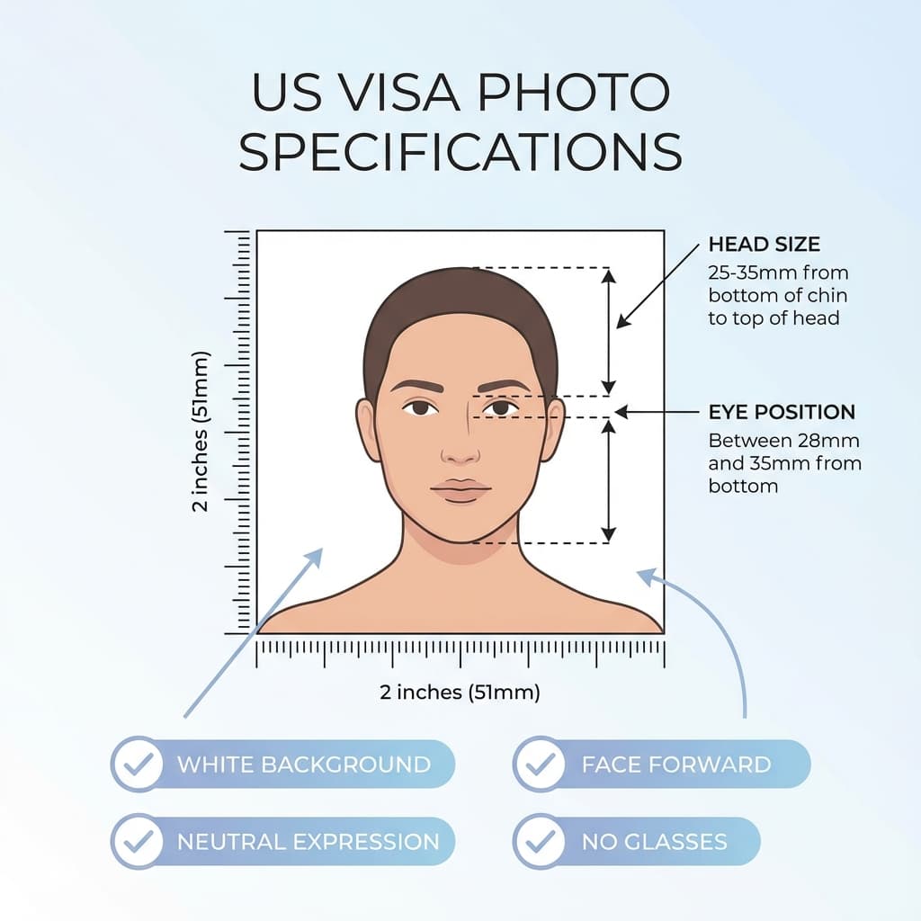 US visa photo specifications showing 2x2 inch size, head position, and measurement guidelines