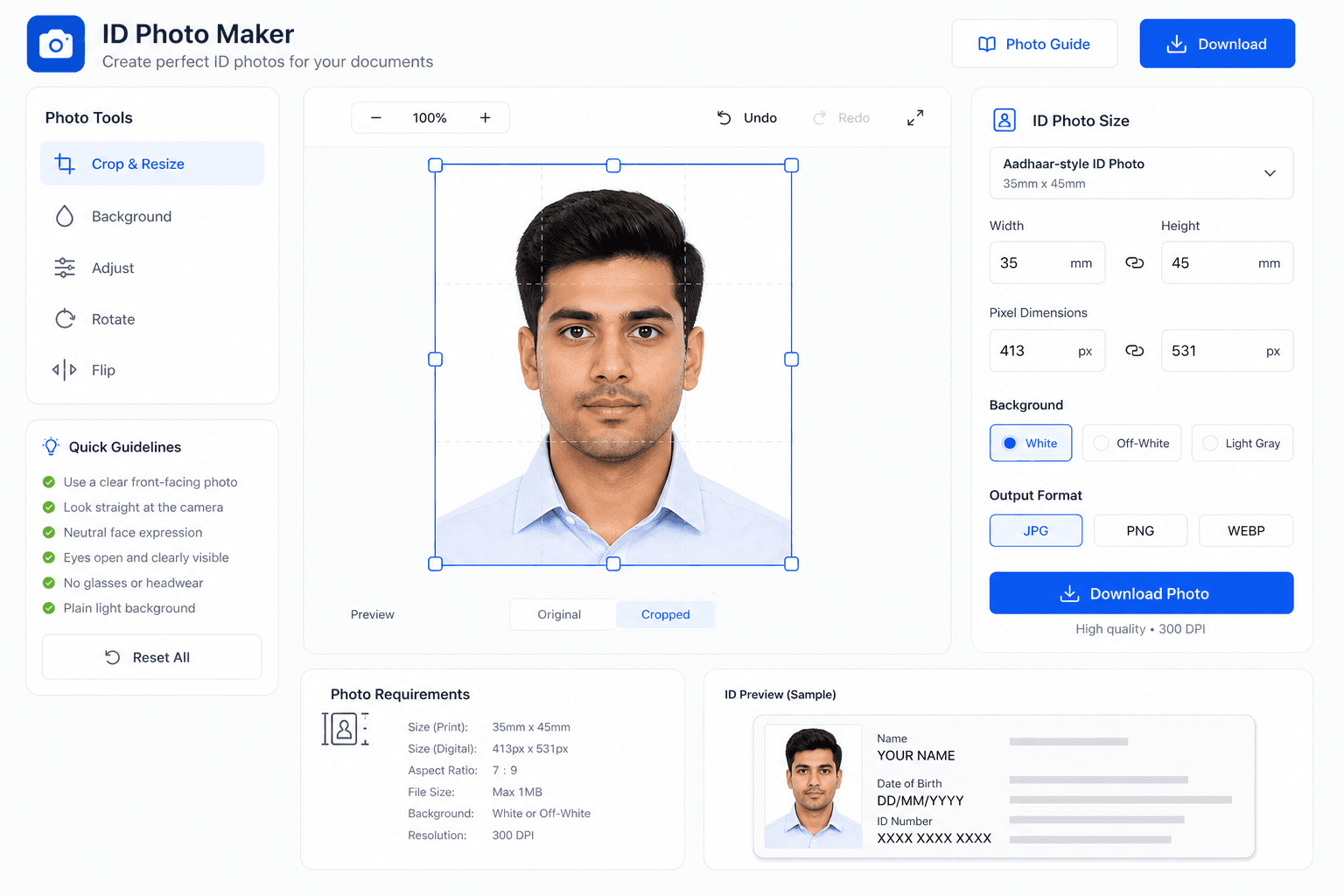 Aadhaar-style ID photo maker upload and crop interface