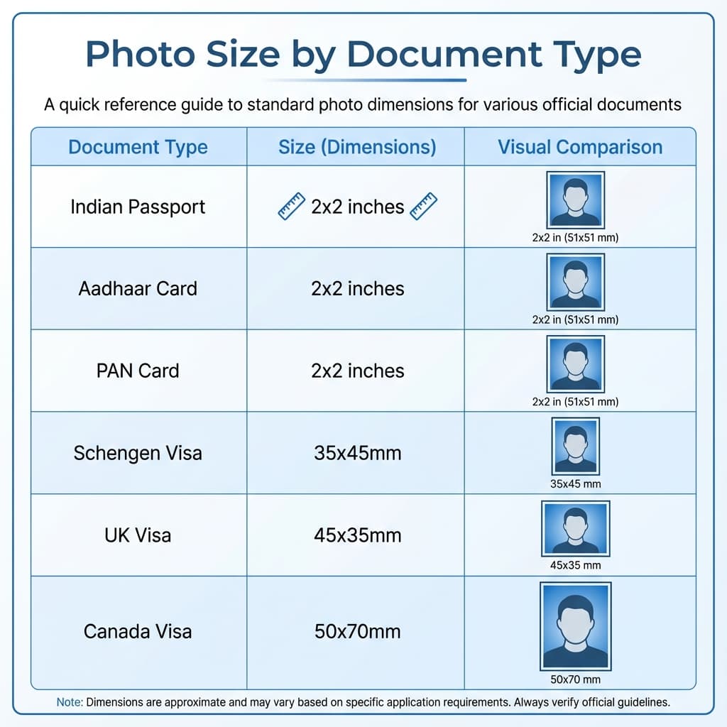 Document photo size comparison chart - passport, visa, Aadhaar, PAN card Photo size comparison chart for different documents - Indian Passport 2x2 inches, Aadhaar 2x2 inches, PAN Card, Schengen Visa 35x45mm, UK Visa 45x35mm, Canada Visa 50x70mm