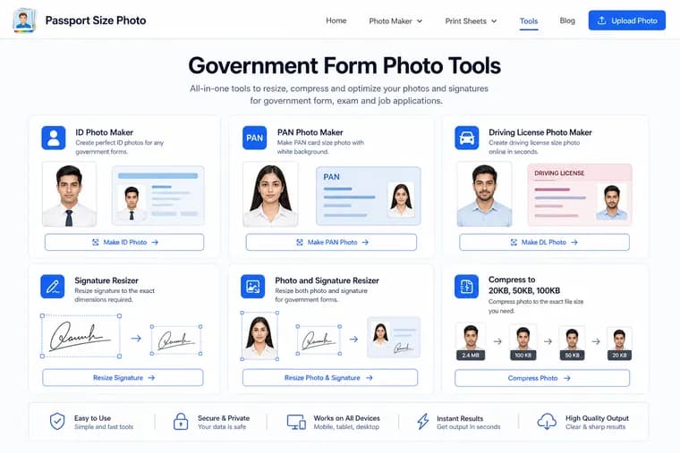 Government photo tools hub preview for photo signature and compression tools