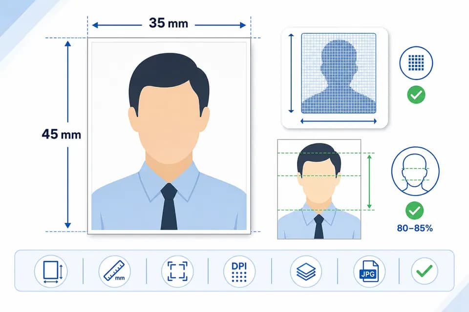Indian passport photo size diagram showing 35x45mm output