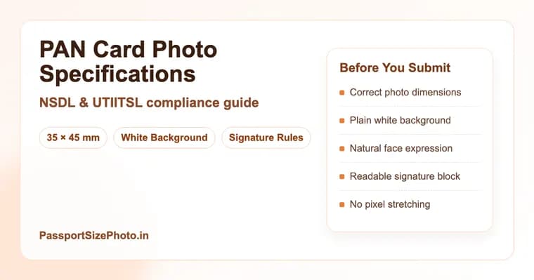 PAN card photo specifications preview with photo and signature notes