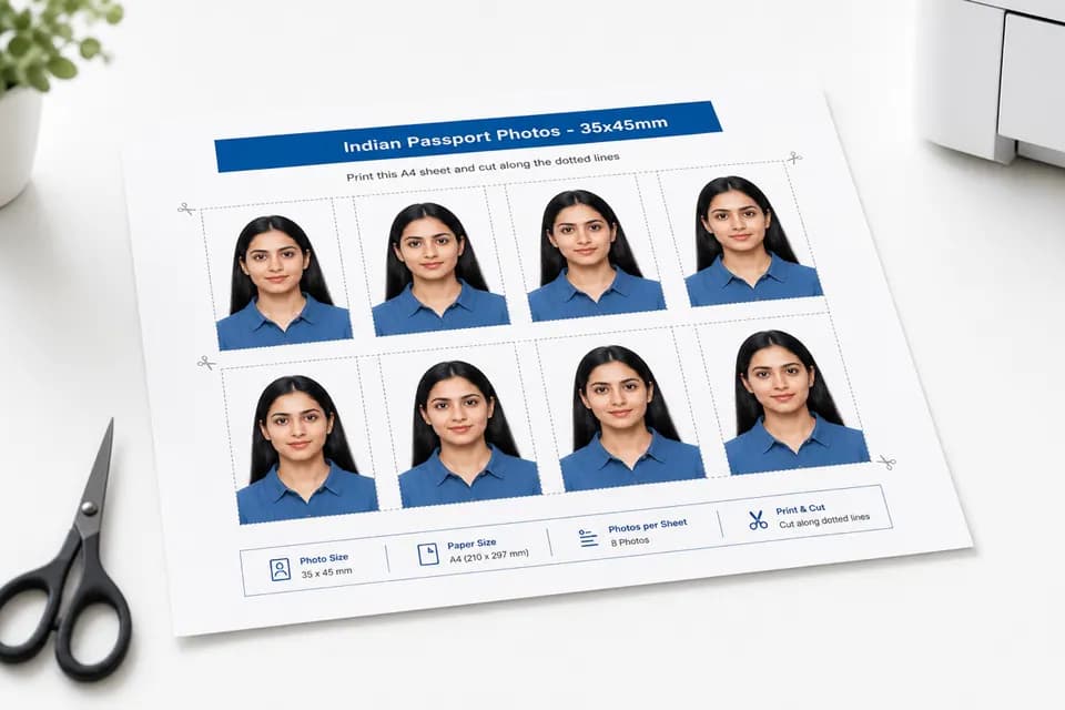 A4 passport photo sheet preview with multiple 35x45mm passport photos