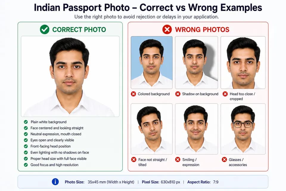 Correct and wrong passport photo examples for Indian document photos