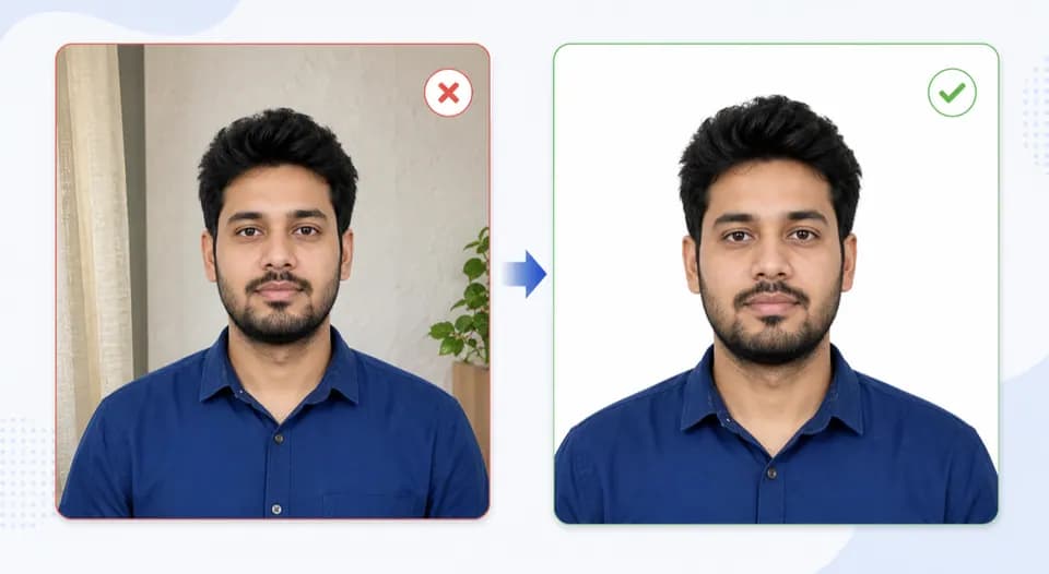 Passport photo before and after changing to a plain white background