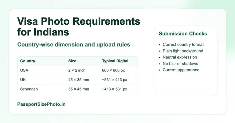 Visa photo requirements chart preview for different countries