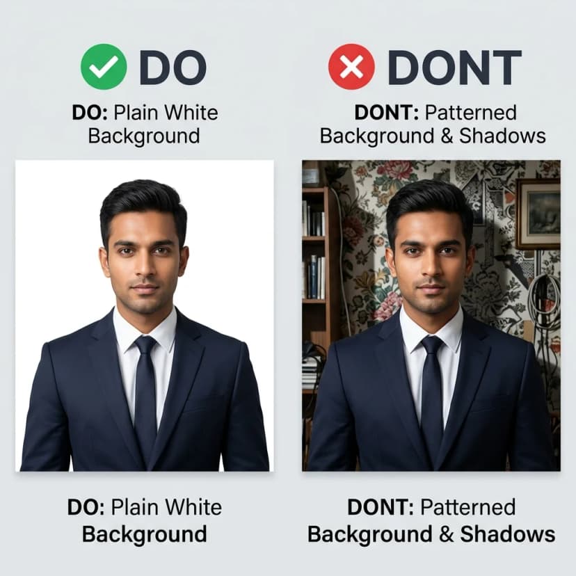 Plain white studio wall vs patterned wallpaper background requirement for visa photo