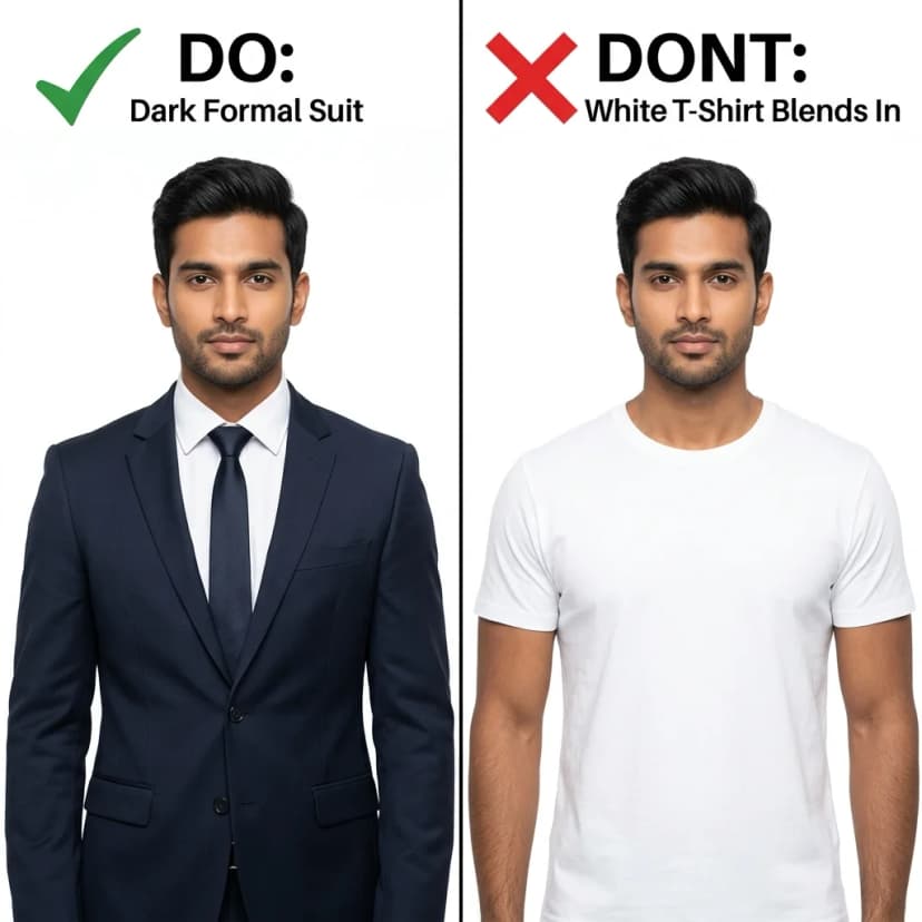 Dark formal navy suit vs white t-shirt clothing contrast rule for government ID photo