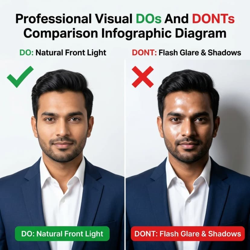 Natural front window lighting vs flash glare side shadow comparison for passport photo