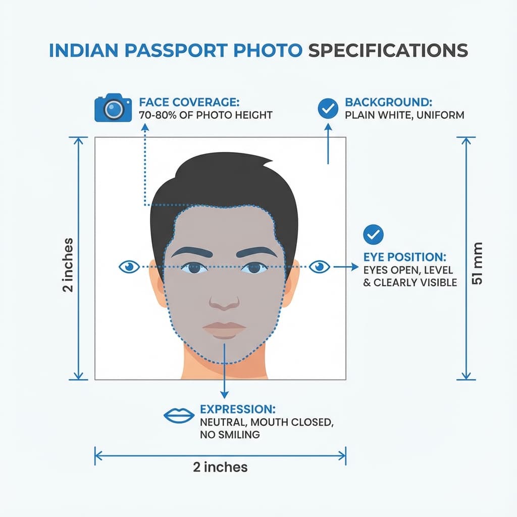 Indian passport photo specifications and requirements diagram Passport photo specifications diagram showing 2x2 inches (51x51mm) size, white background, 70-80% face coverage requirements