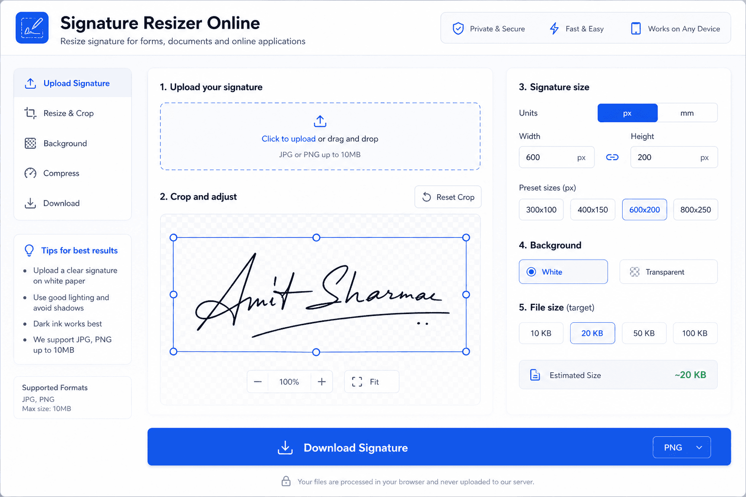 Signature resizer tool with crop controls and KB presets
